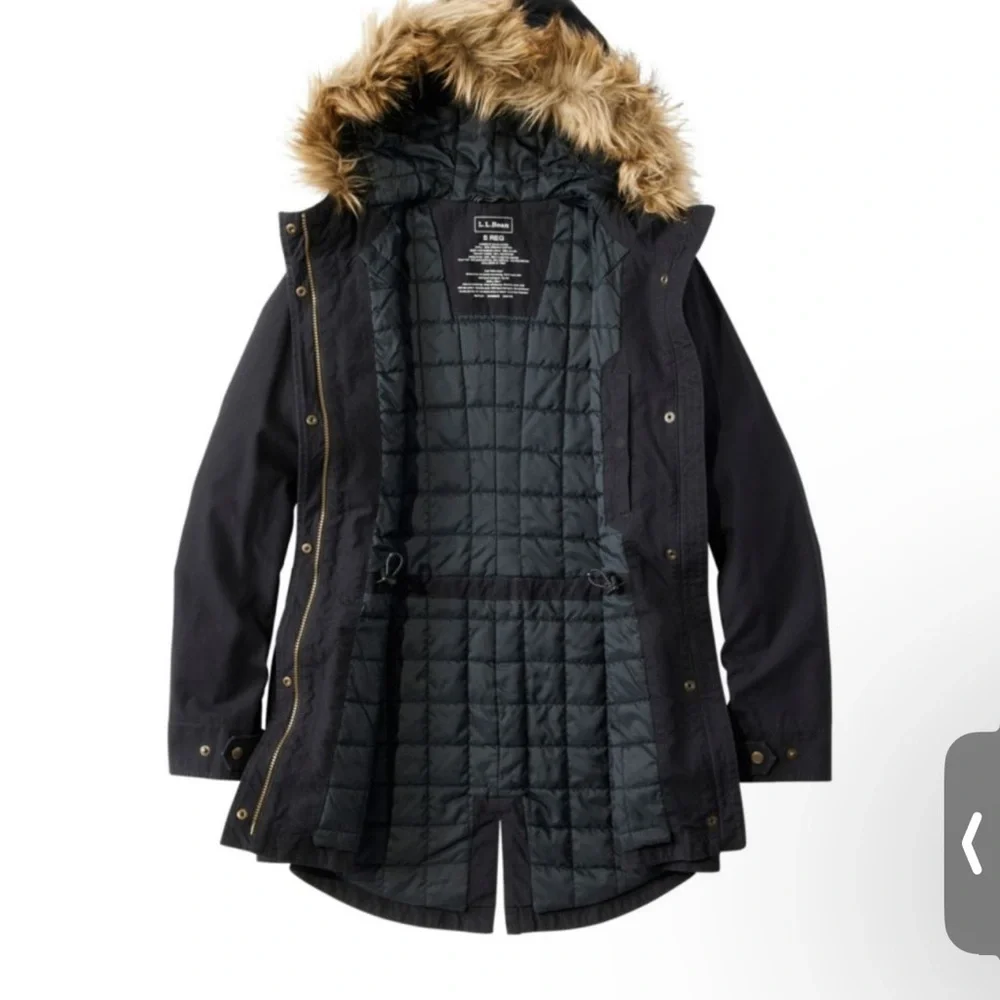 NWT 100% Organic Cotton L.L. Bean Black Coat Parka Removable Faux Fur Trim Hood - Picture 1 of 11